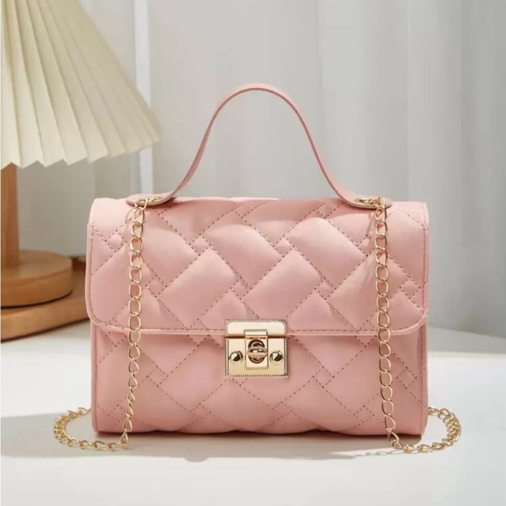 Pink mini flap Crossbody purse with detachable chain. Pink and gold.